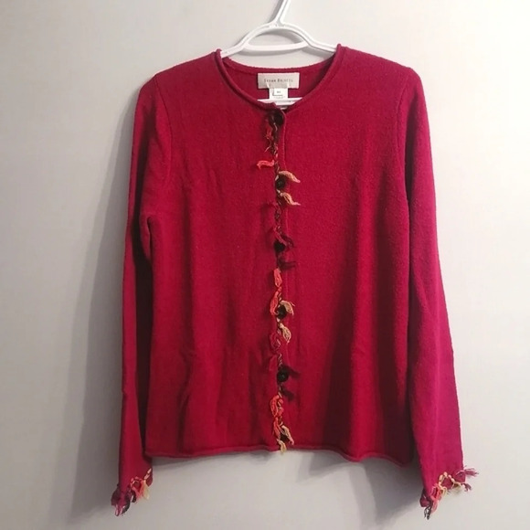 Susan Bristol Y2K Vintage Hand Embroidered Pink Button Up Fringe Cardigan Medium - Picture 2 of 12